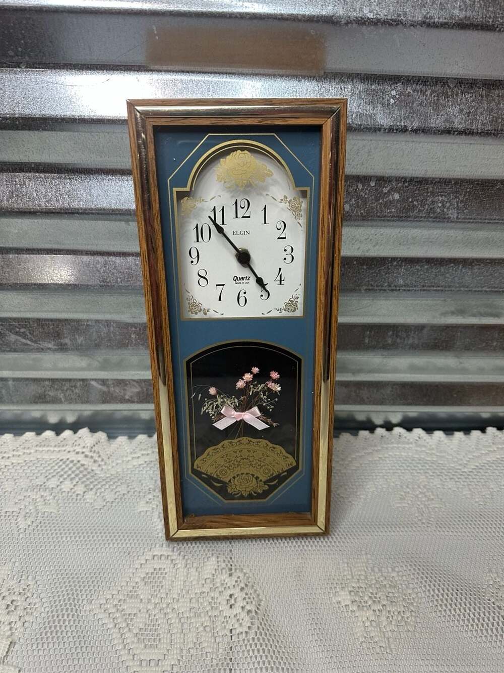 Vintage Elgin Shadowbox Tabletop Clock with Floral Design